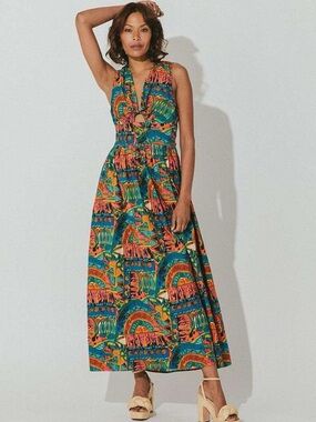 Cleobella Ayanna Teal & Orange Patterned Tie-Front Maxi Dress
